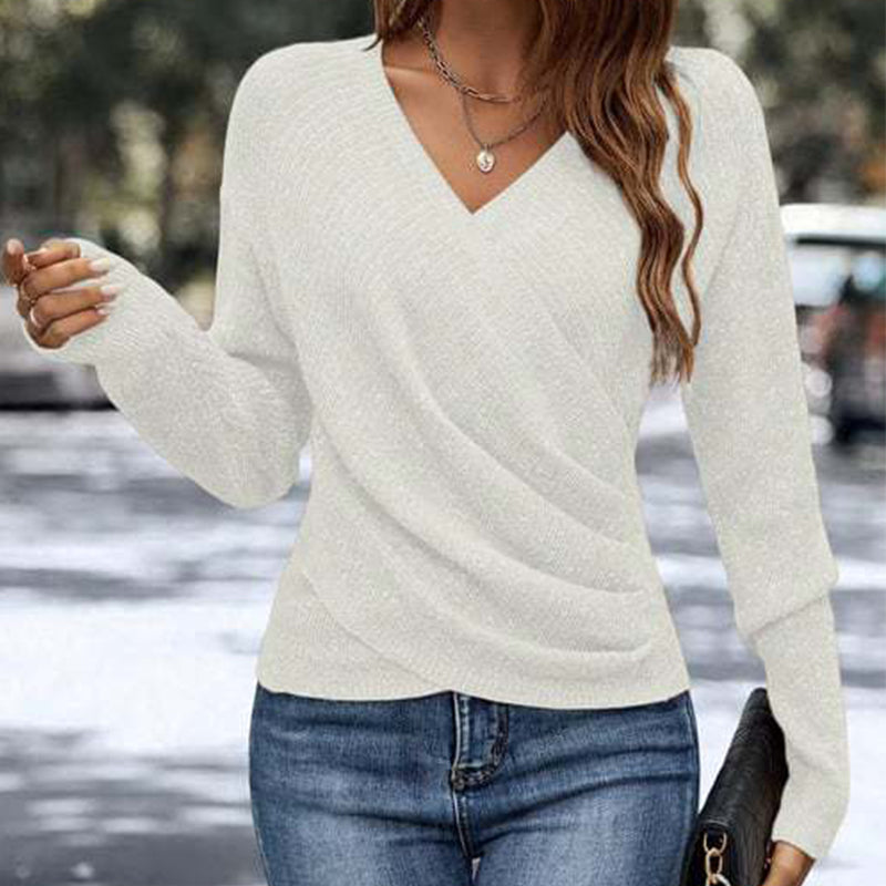 ✨ Women's Elegant V-Neck Wrap-Style Knit Top – Flattering Draped Waist, Chic Crossover Design & Soft Long-Sleeve Comfort for a Beautifully Feminine, Figure-Enhancing Look! 🌸