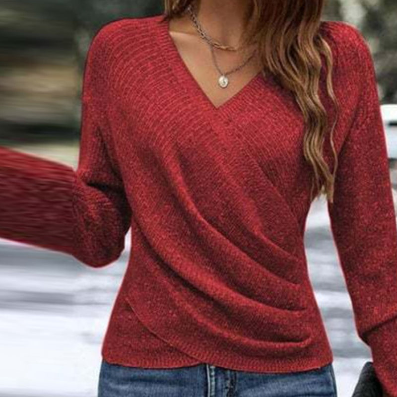 ✨ Women's Elegant V-Neck Wrap-Style Knit Top – Flattering Draped Waist, Chic Crossover Design & Soft Long-Sleeve Comfort for a Beautifully Feminine, Figure-Enhancing Look! 🌸