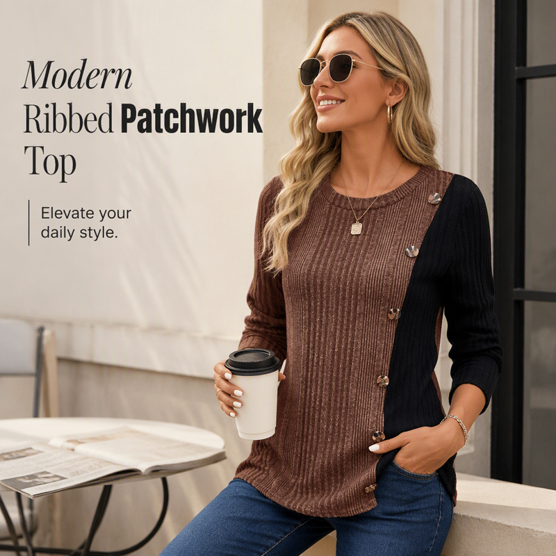 ✨ Easy Everyday Comfort | Women's Color-Block Ribbed Relaxed-Fit Top
