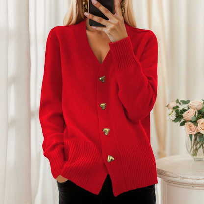 Women's V-Neck Heart Button Knit Cardigan
