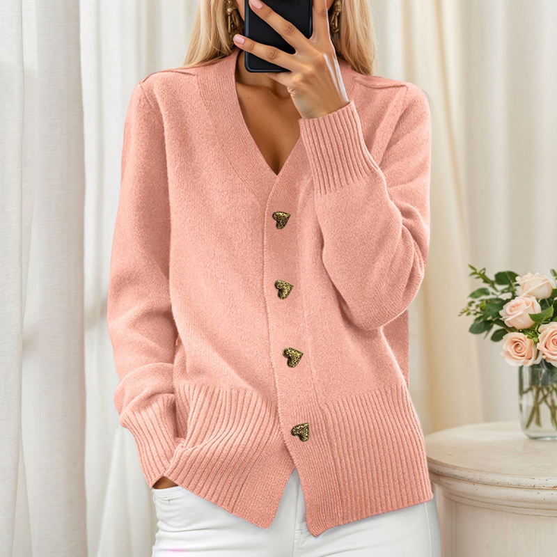 Women's V-Neck Heart Button Knit Cardigan