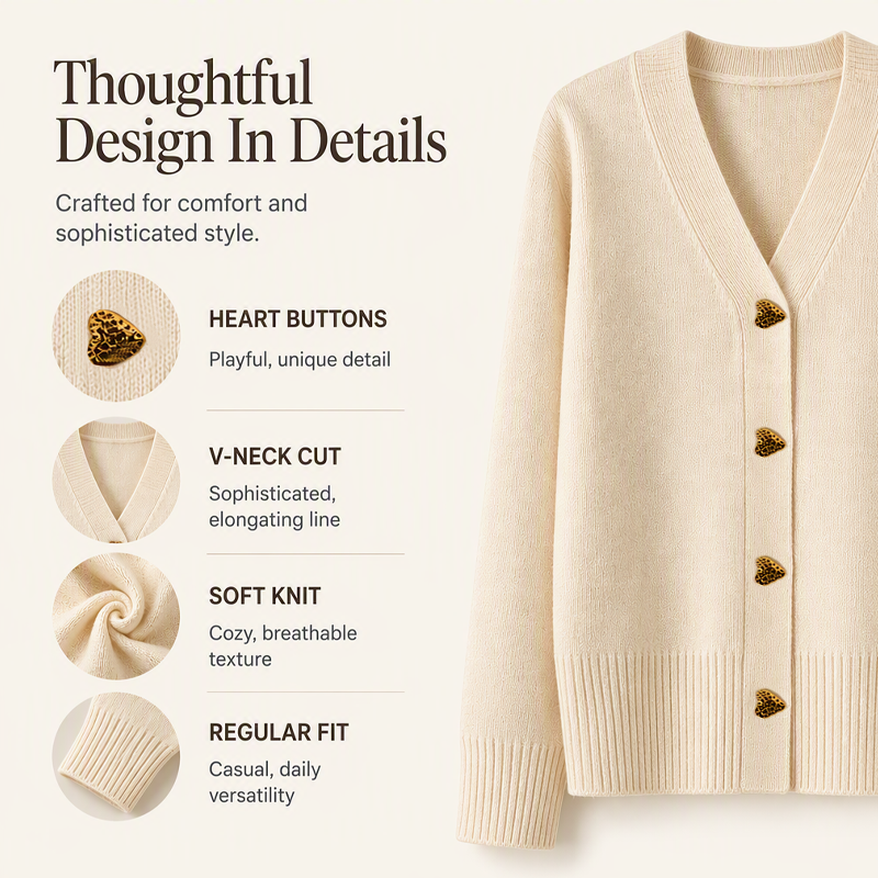 🧥Seasonal Style - Knit Cardigan with V-Neckline & Heart Accents – Cozy Warmth & Easy Pairing with Jeans or Dresses