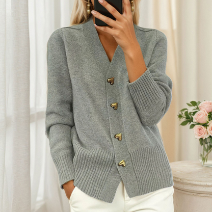 🧥Seasonal Style - Knit Cardigan with V-Neckline & Heart Accents – Cozy Warmth & Easy Pairing with Jeans or Dresses