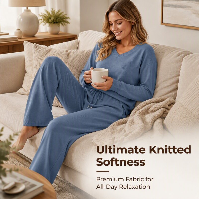 ✨ Effortless Comfort | Women's V-Neck Knit Top & Pants 2-Piece Lounge Set