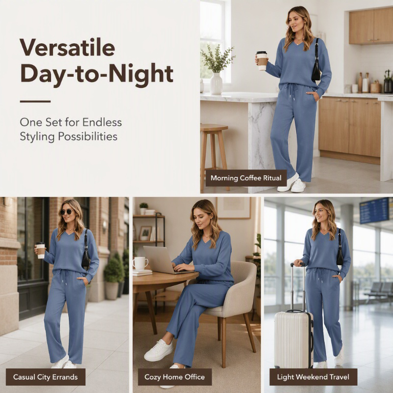 ✨ Effortless Comfort | Women's V-Neck Knit Top & Pants 2-Piece Lounge Set