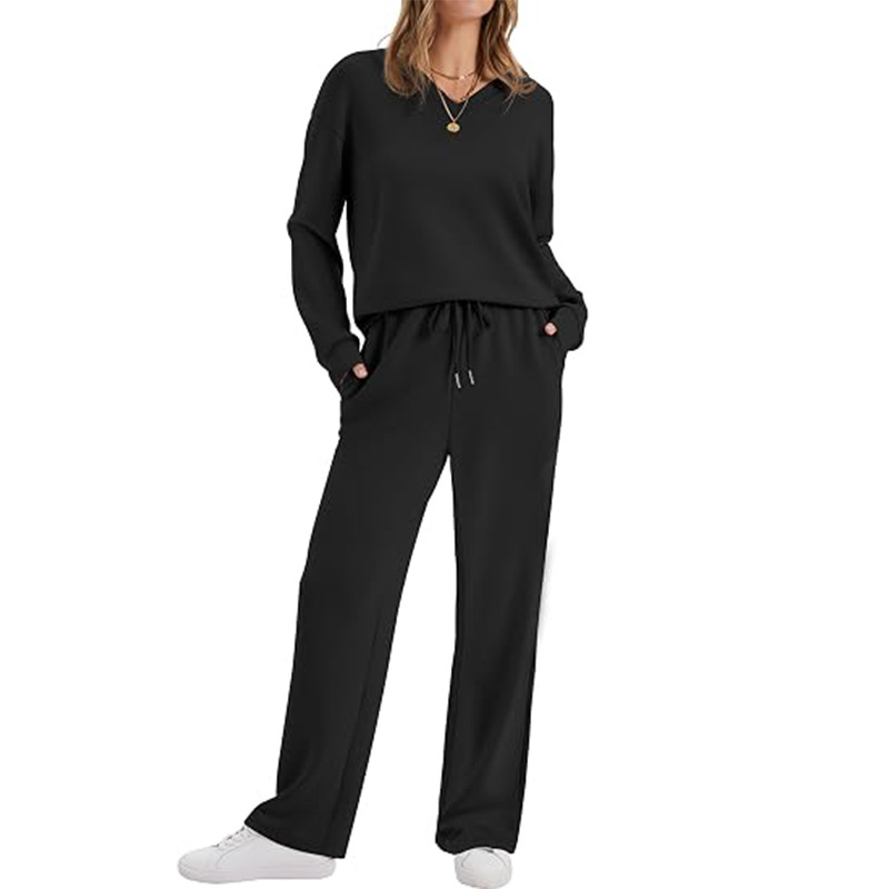 ✨ Effortless Comfort | Women's V-Neck Knit Top & Pants 2-Piece Lounge Set