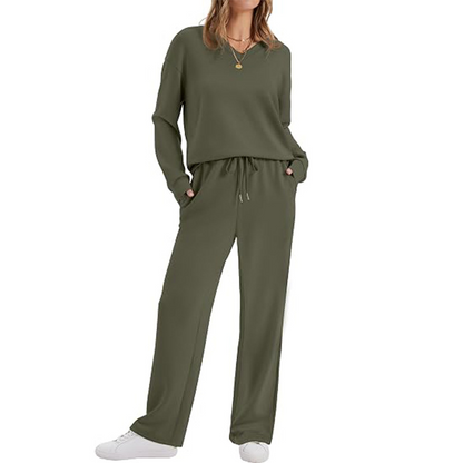 ✨ Effortless Comfort | Women's V-Neck Knit Top & Pants 2-Piece Lounge Set
