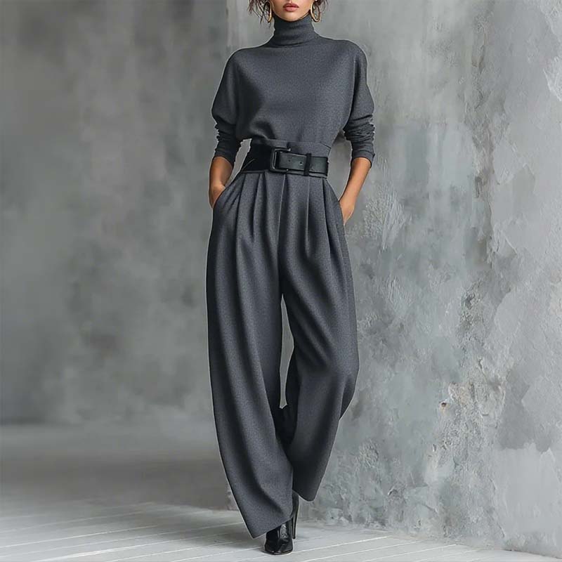 ✨ Effortless Elegance | Women's Turtleneck Top & Belted High-Waist Pants 2-Piece Set