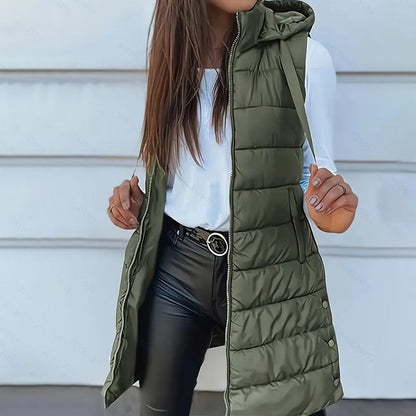 🧥 Stay Warm Without the Bulky Sleeves! ❄️ Women's Long Hooded Quilted Puffer Vest – Cozy Padded Design, Full-Zip Front, Practical Pockets & Extra Longline Coverage for Effortless Fall & Winter Layering! 💕