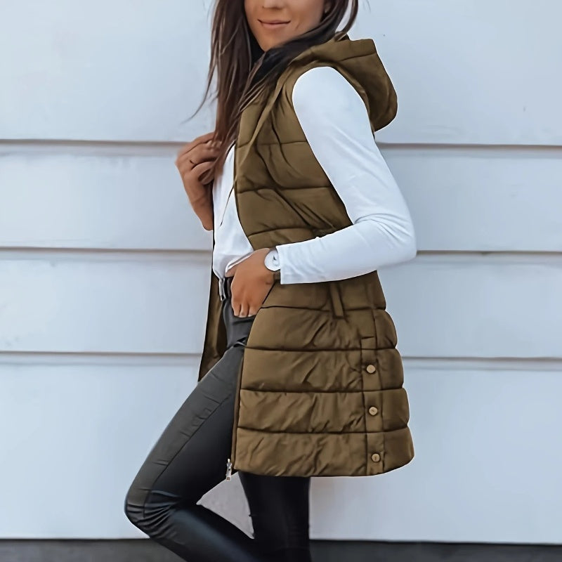 🧥 Stay Warm Without the Bulky Sleeves! ❄️ Women's Long Hooded Quilted Puffer Vest – Cozy Padded Design, Full-Zip Front, Practical Pockets & Extra Longline Coverage for Effortless Fall & Winter Layering! 💕
