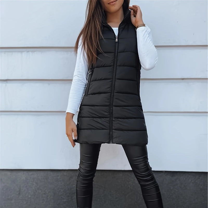 🧥 Stay Warm Without the Bulky Sleeves! ❄️ Women's Long Hooded Quilted Puffer Vest – Cozy Padded Design, Full-Zip Front, Practical Pockets & Extra Longline Coverage for Effortless Fall & Winter Layering! 💕