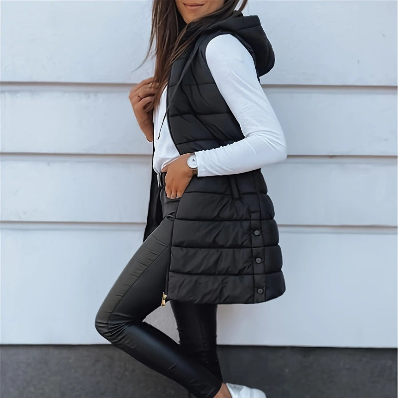 🧥 Stay Warm Without the Bulky Sleeves! ❄️ Women's Long Hooded Quilted Puffer Vest – Cozy Padded Design, Full-Zip Front, Practical Pockets & Extra Longline Coverage for Effortless Fall & Winter Layering! 💕