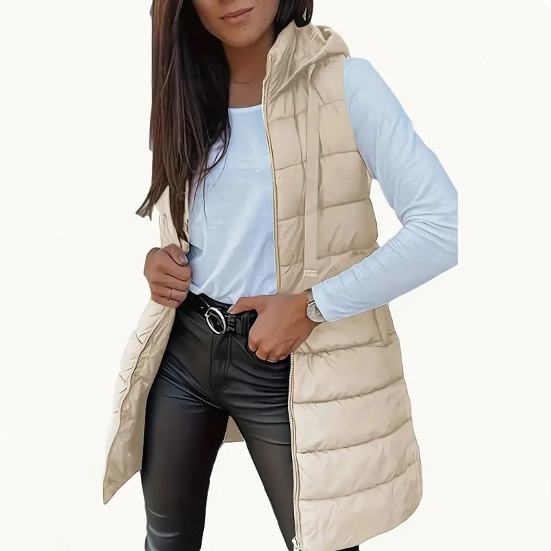 🧥 Stay Warm Without the Bulky Sleeves! ❄️ Women's Long Hooded Quilted Puffer Vest – Cozy Padded Design, Full-Zip Front, Practical Pockets & Extra Longline Coverage for Effortless Fall & Winter Layering! 💕