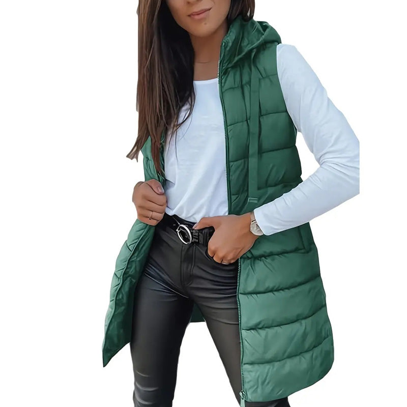 🧥 Stay Warm Without the Bulky Sleeves! ❄️ Women's Long Hooded Quilted Puffer Vest – Cozy Padded Design, Full-Zip Front, Practical Pockets & Extra Longline Coverage for Effortless Fall & Winter Layering! 💕