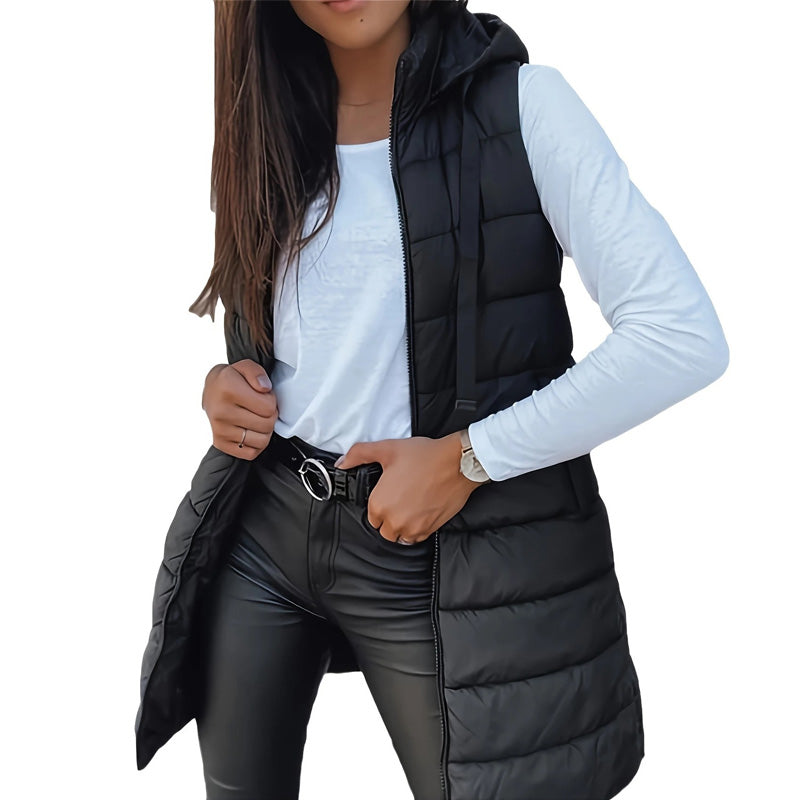 🧥 Stay Warm Without the Bulky Sleeves! ❄️ Women's Long Hooded Quilted Puffer Vest – Cozy Padded Design, Full-Zip Front, Practical Pockets & Extra Longline Coverage for Effortless Fall & Winter Layering! 💕