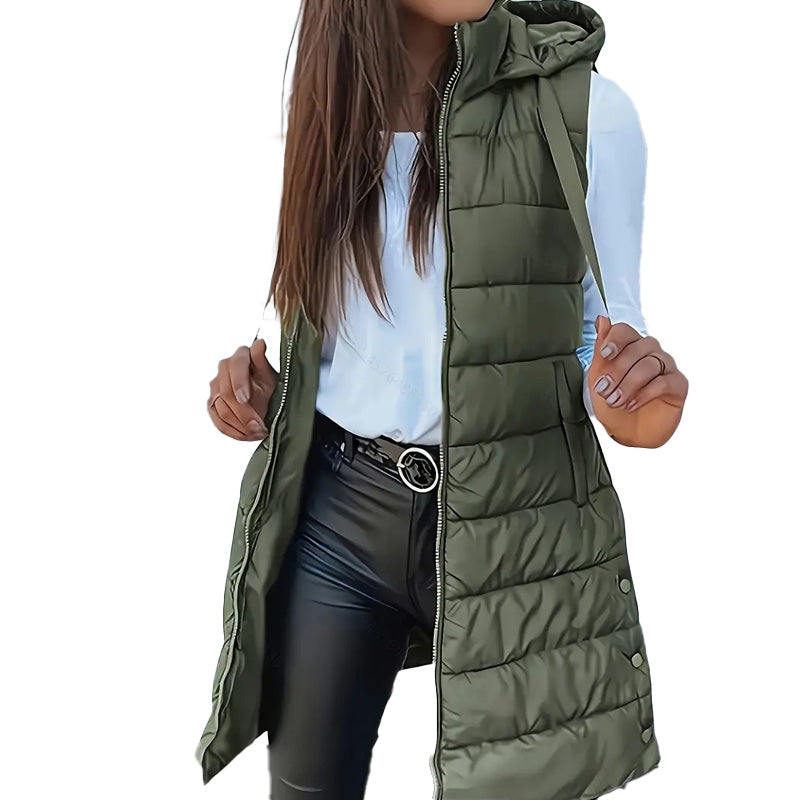 🧥 Stay Warm Without the Bulky Sleeves! ❄️ Women's Long Hooded Quilted Puffer Vest – Cozy Padded Design, Full-Zip Front, Practical Pockets & Extra Longline Coverage for Effortless Fall & Winter Layering! 💕