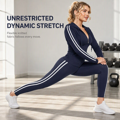 ✨ Sporty Everyday Comfort | Women's Striped Zip-Up Hoodie & Pants 2-Piece Set