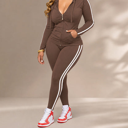 ✨ Sporty Everyday Comfort | Women's Striped Zip-Up Hoodie & Pants 2-Piece Set