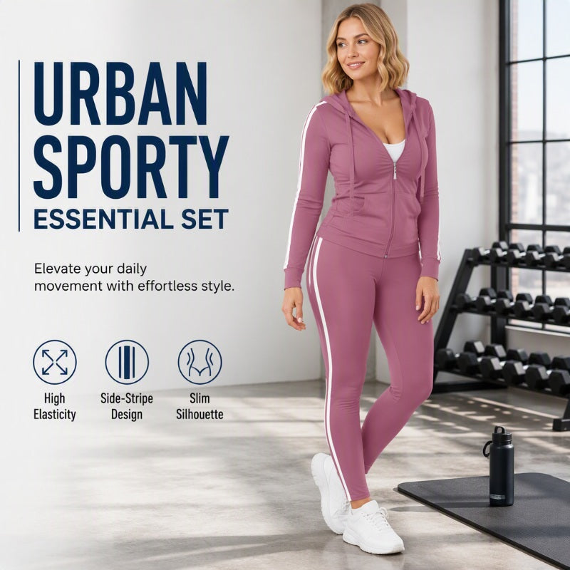 ✨ Sporty Everyday Comfort | Women's Striped Zip-Up Hoodie & Pants 2-Piece Set