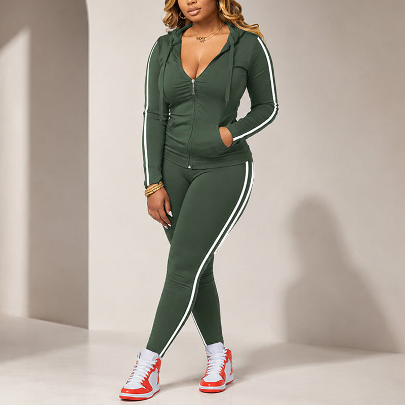 ✨ Sporty Everyday Comfort | Women's Striped Zip-Up Hoodie & Pants 2-Piece Set