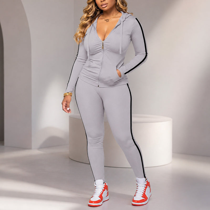 ✨ Sporty Everyday Comfort | Women's Striped Zip-Up Hoodie & Pants 2-Piece Set