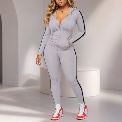 ✨ Sporty Everyday Comfort | Women's Striped Zip-Up Hoodie & Pants 2-Piece Set