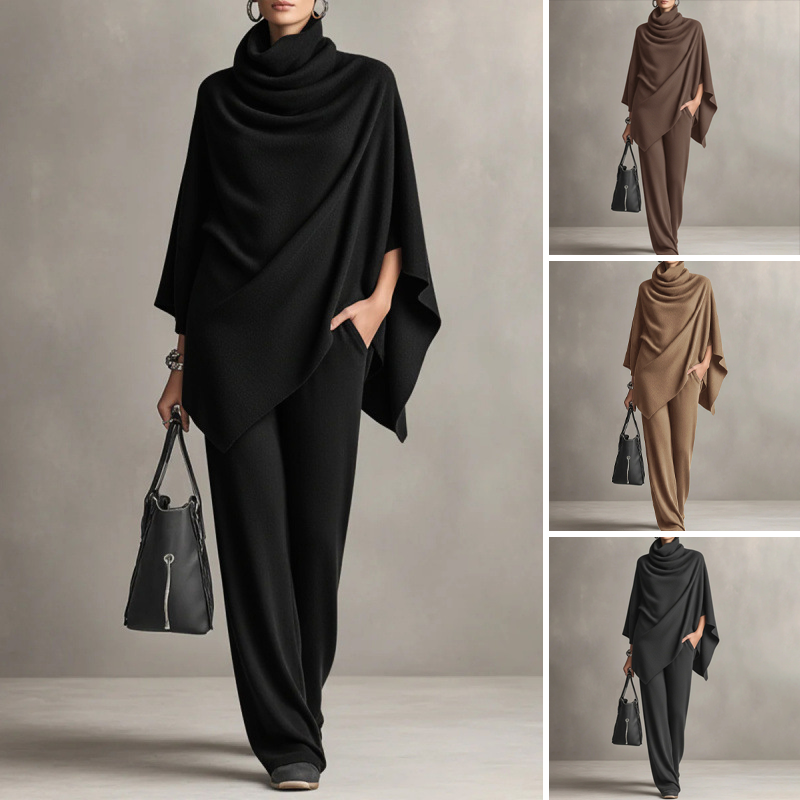 🌸 New Arrival | Women's Cowl-Neck Cape & Wide-Leg Pants 2-Piece Set