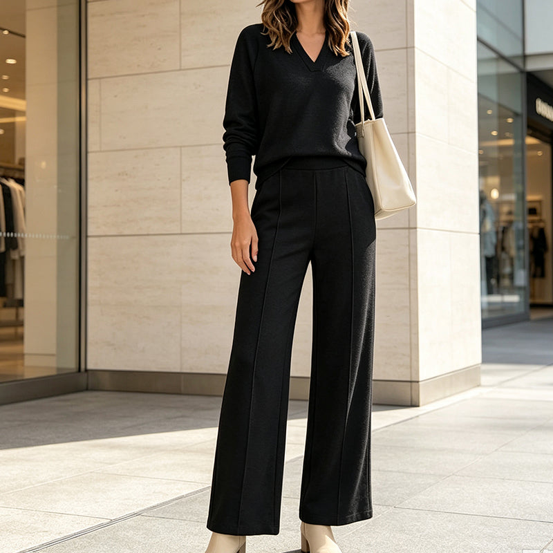 ✨ Women's Chic V-Neck 2-Piece Lounge Set – Relaxed Long-Sleeve Top, Flowy Wide-Leg Pants & Effortless Comfort for a Stylish, Put-Together Look at Home or On the Go! 🌸