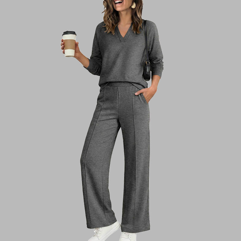 ✨ Women's Chic V-Neck 2-Piece Lounge Set – Relaxed Long-Sleeve Top, Flowy Wide-Leg Pants & Effortless Comfort for a Stylish, Put-Together Look at Home or On the Go! 🌸