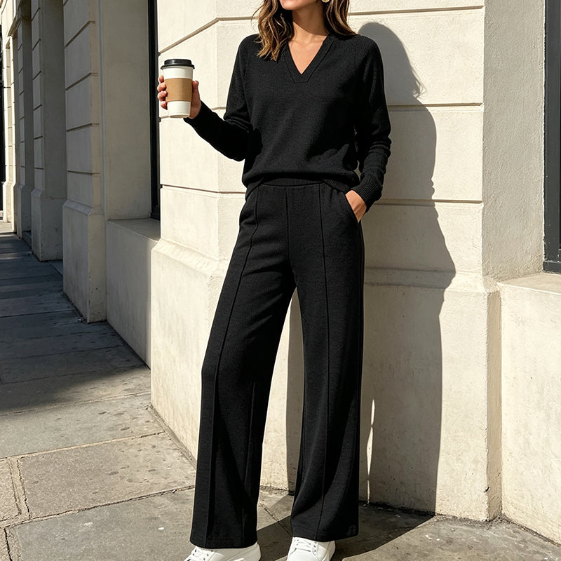 ✨ Women's Chic V-Neck 2-Piece Lounge Set – Relaxed Long-Sleeve Top, Flowy Wide-Leg Pants & Effortless Comfort for a Stylish, Put-Together Look at Home or On the Go! 🌸