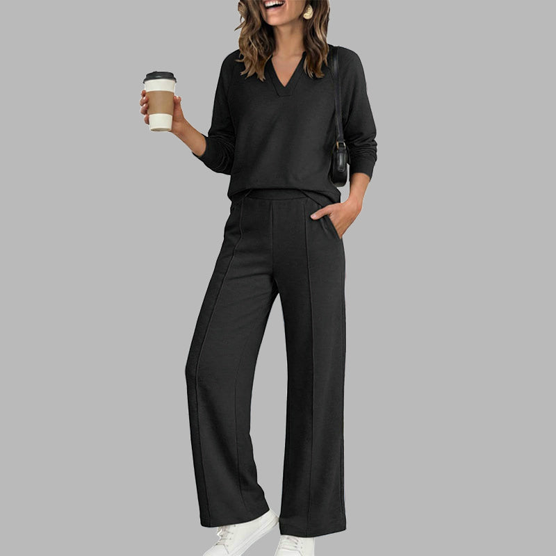 ✨ Women's Chic V-Neck 2-Piece Lounge Set – Relaxed Long-Sleeve Top, Flowy Wide-Leg Pants & Effortless Comfort for a Stylish, Put-Together Look at Home or On the Go! 🌸