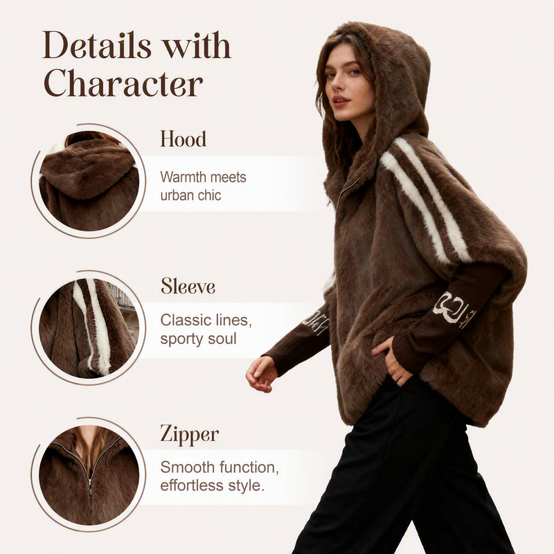 🧥 Stay Cozy Without Sacrificing Style! 🤎 Women's Plush Faux Fur Hooded Zip-Up Jacket – Soft & Fluffy Warmth, Sporty Striped Sleeves, Relaxed Fit & Handy Pockets for a Chic, Comfortable Fall & Winter Look! ❄️