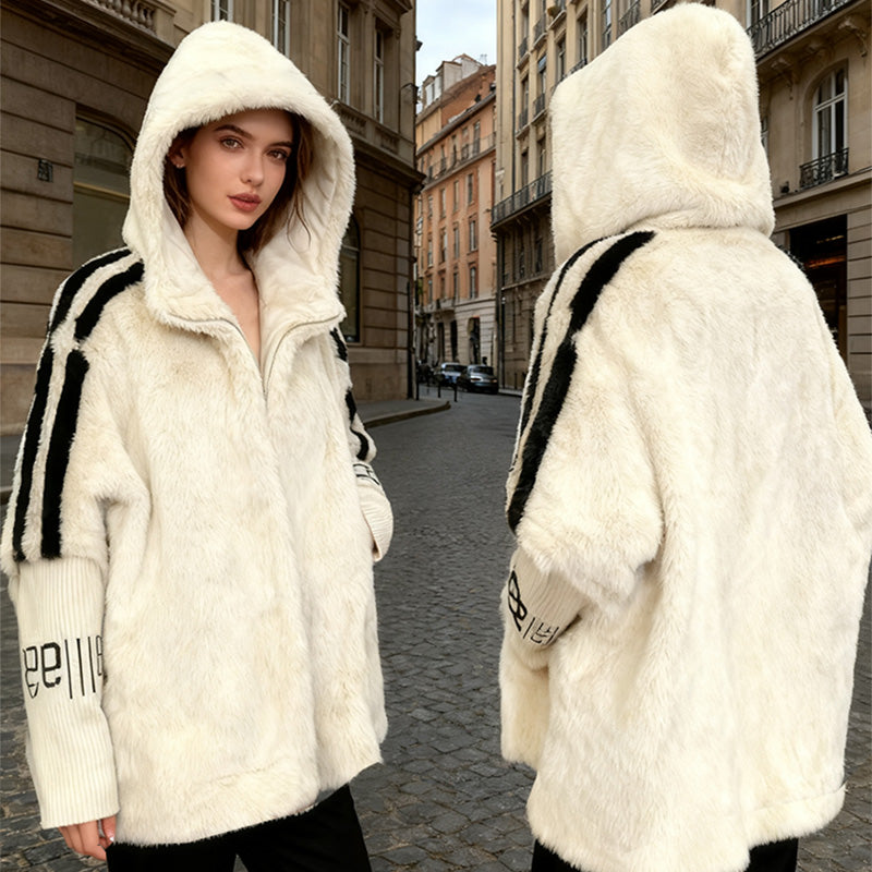 🧥 Stay Cozy Without Sacrificing Style! 🤎 Women's Plush Faux Fur Hooded Zip-Up Jacket – Soft & Fluffy Warmth, Sporty Striped Sleeves, Relaxed Fit & Handy Pockets for a Chic, Comfortable Fall & Winter Look! ❄️