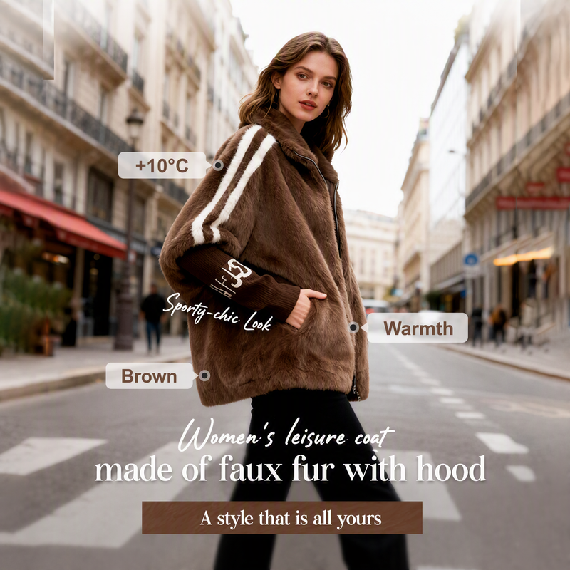 🧥 Stay Cozy Without Sacrificing Style! 🤎 Women's Plush Faux Fur Hooded Zip-Up Jacket – Soft & Fluffy Warmth, Sporty Striped Sleeves, Relaxed Fit & Handy Pockets for a Chic, Comfortable Fall & Winter Look! ❄️