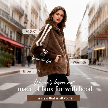 🧥 Stay Cozy Without Sacrificing Style! 🤎 Women's Plush Faux Fur Hooded Zip-Up Jacket – Soft & Fluffy Warmth, Sporty Striped Sleeves, Relaxed Fit & Handy Pockets for a Chic, Comfortable Fall & Winter Look! ❄️