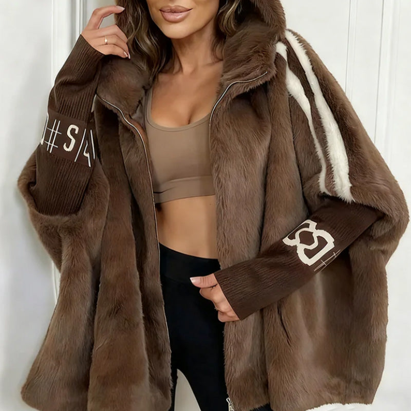 🧥 Stay Cozy Without Sacrificing Style! 🤎 Women's Plush Faux Fur Hooded Zip-Up Jacket – Soft & Fluffy Warmth, Sporty Striped Sleeves, Relaxed Fit & Handy Pockets for a Chic, Comfortable Fall & Winter Look! ❄️