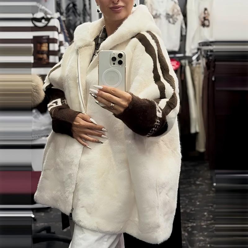 🧥 Stay Cozy Without Sacrificing Style! 🤎 Women's Plush Faux Fur Hooded Zip-Up Jacket – Soft & Fluffy Warmth, Sporty Striped Sleeves, Relaxed Fit & Handy Pockets for a Chic, Comfortable Fall & Winter Look! ❄️