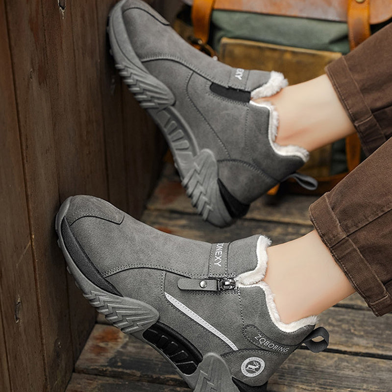 Men's Fleece Lined Leather Casual High Top Sneakers, Warm Winter Side Zipper Ankle Boots, Non-slip Outdoor Cold Weather Shoes
