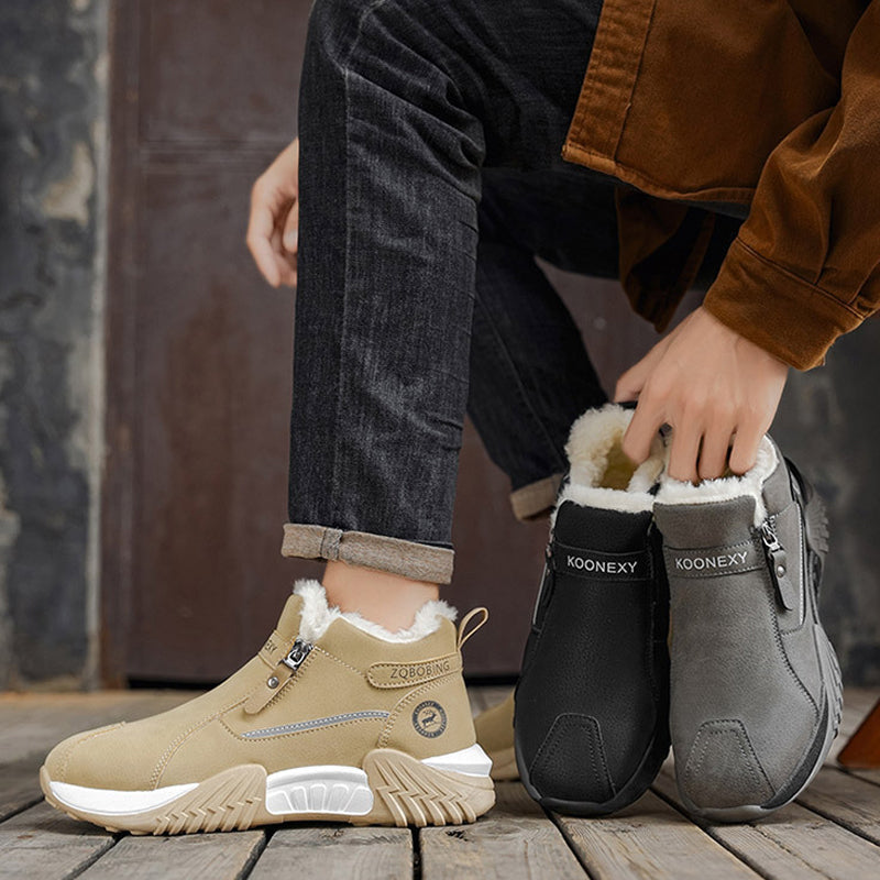 Men's Fleece Lined Leather Casual High Top Sneakers, Warm Winter Side Zipper Ankle Boots, Non-slip Outdoor Cold Weather Shoes