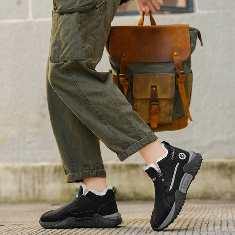 Men's Fleece Lined Leather Casual High Top Sneakers, Warm Winter Side Zipper Ankle Boots, Non-slip Outdoor Cold Weather Shoes