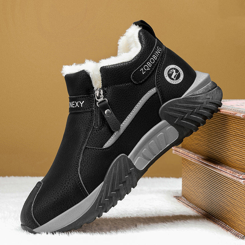 Men's Fleece Lined Leather Casual High Top Sneakers, Warm Winter Side Zipper Ankle Boots, Non-slip Outdoor Cold Weather Shoes