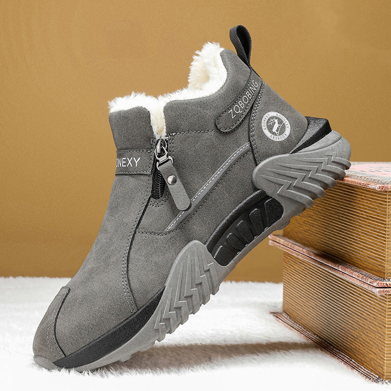 Men's Fleece Lined Leather Casual High Top Sneakers, Warm Winter Side Zipper Ankle Boots, Non-slip Outdoor Cold Weather Shoes