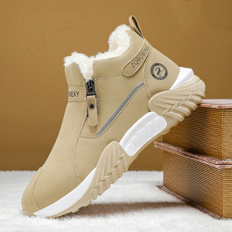 Men's Fleece Lined Leather Casual High Top Sneakers, Warm Winter Side Zipper Ankle Boots, Non-slip Outdoor Cold Weather Shoes