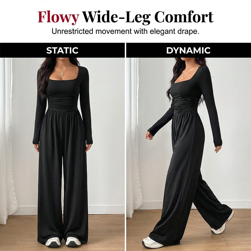💕 One Outfit, Instant Elegance! ✨ Women's Square Neck Wide-Leg Jumpsuit – Flattering Ruched Waist, Chic Long Sleeves & Flowing Wide-Leg Design for a Sleek, Feminine Look from Casual Days to Date Nights! 👗