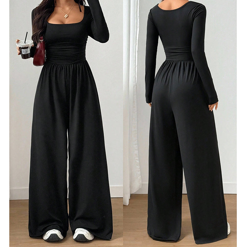 💕 One Outfit, Instant Elegance! ✨ Women's Square Neck Wide-Leg Jumpsuit – Flattering Ruched Waist, Chic Long Sleeves & Flowing Wide-Leg Design for a Sleek, Feminine Look from Casual Days to Date Nights! 👗