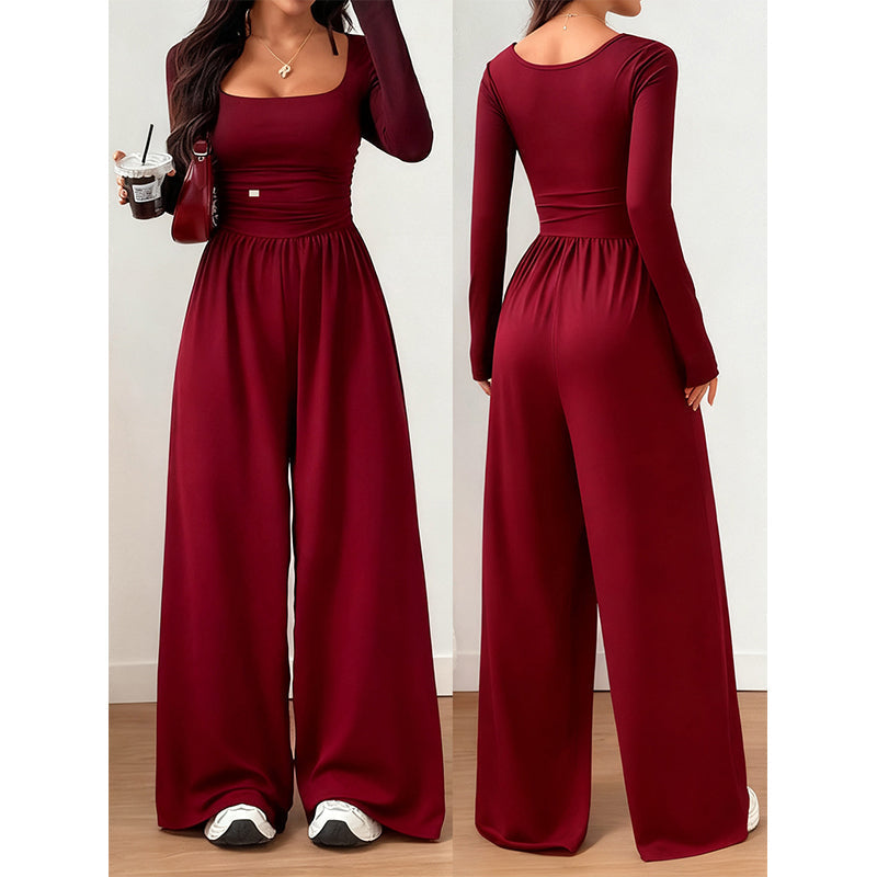 💕 One Outfit, Instant Elegance! ✨ Women's Square Neck Wide-Leg Jumpsuit – Flattering Ruched Waist, Chic Long Sleeves & Flowing Wide-Leg Design for a Sleek, Feminine Look from Casual Days to Date Nights! 👗