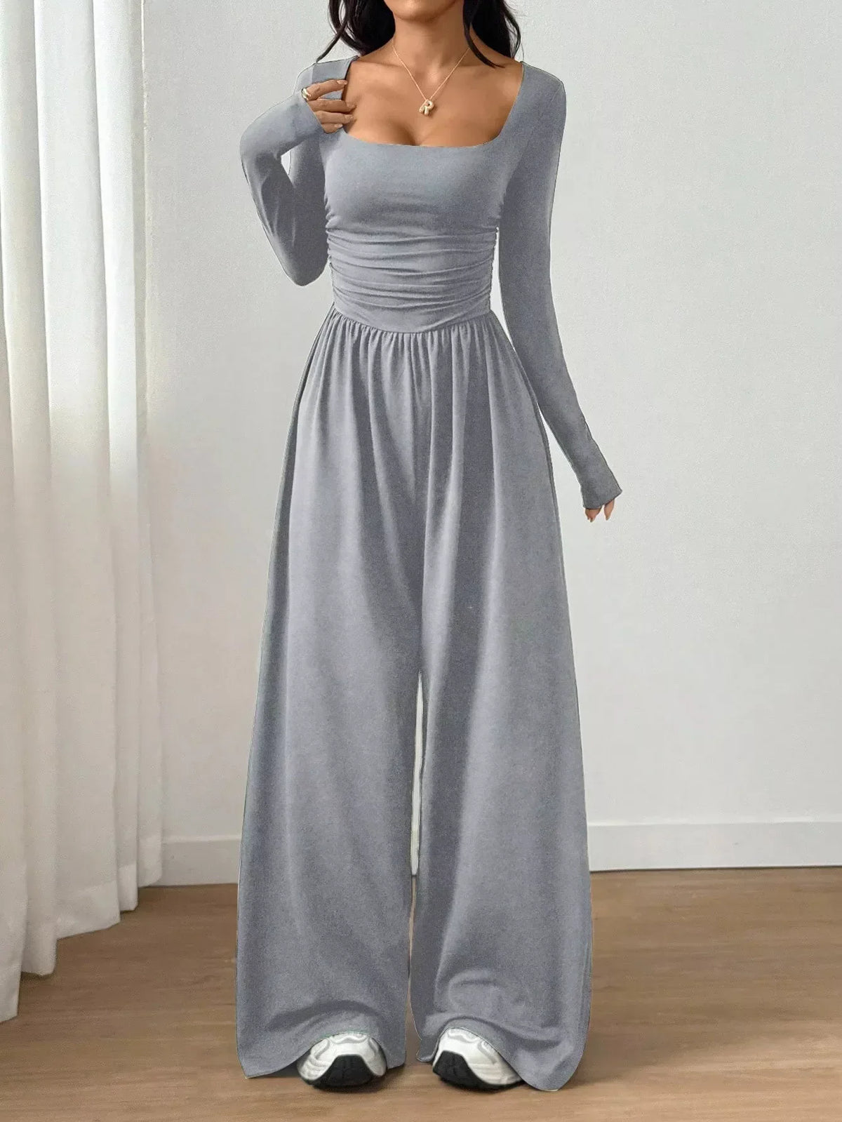 💕 One Outfit, Instant Elegance! ✨ Women's Square Neck Wide-Leg Jumpsuit – Flattering Ruched Waist, Chic Long Sleeves & Flowing Wide-Leg Design for a Sleek, Feminine Look from Casual Days to Date Nights! 👗