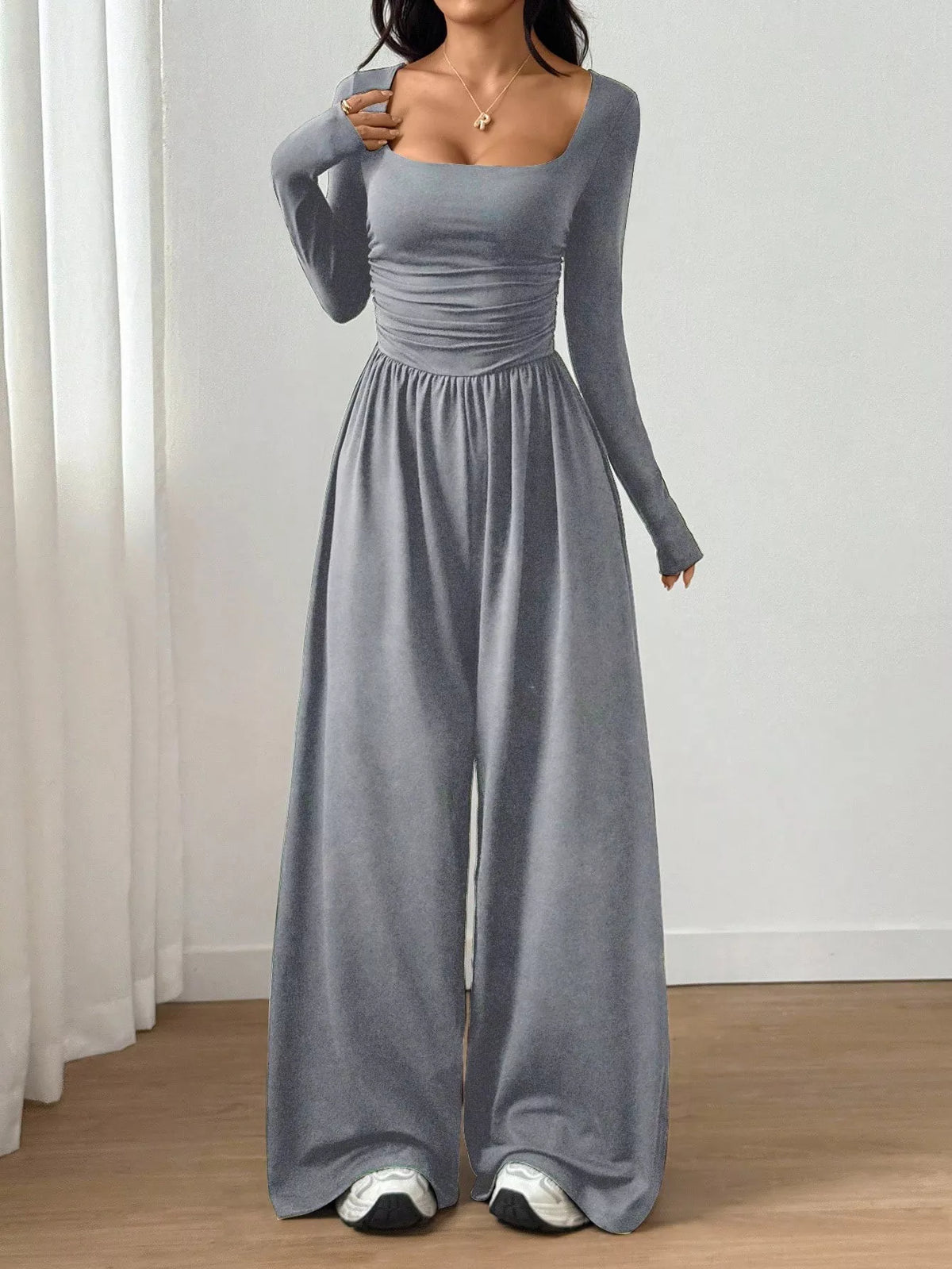 💕 One Outfit, Instant Elegance! ✨ Women's Square Neck Wide-Leg Jumpsuit – Flattering Ruched Waist, Chic Long Sleeves & Flowing Wide-Leg Design for a Sleek, Feminine Look from Casual Days to Date Nights! 👗