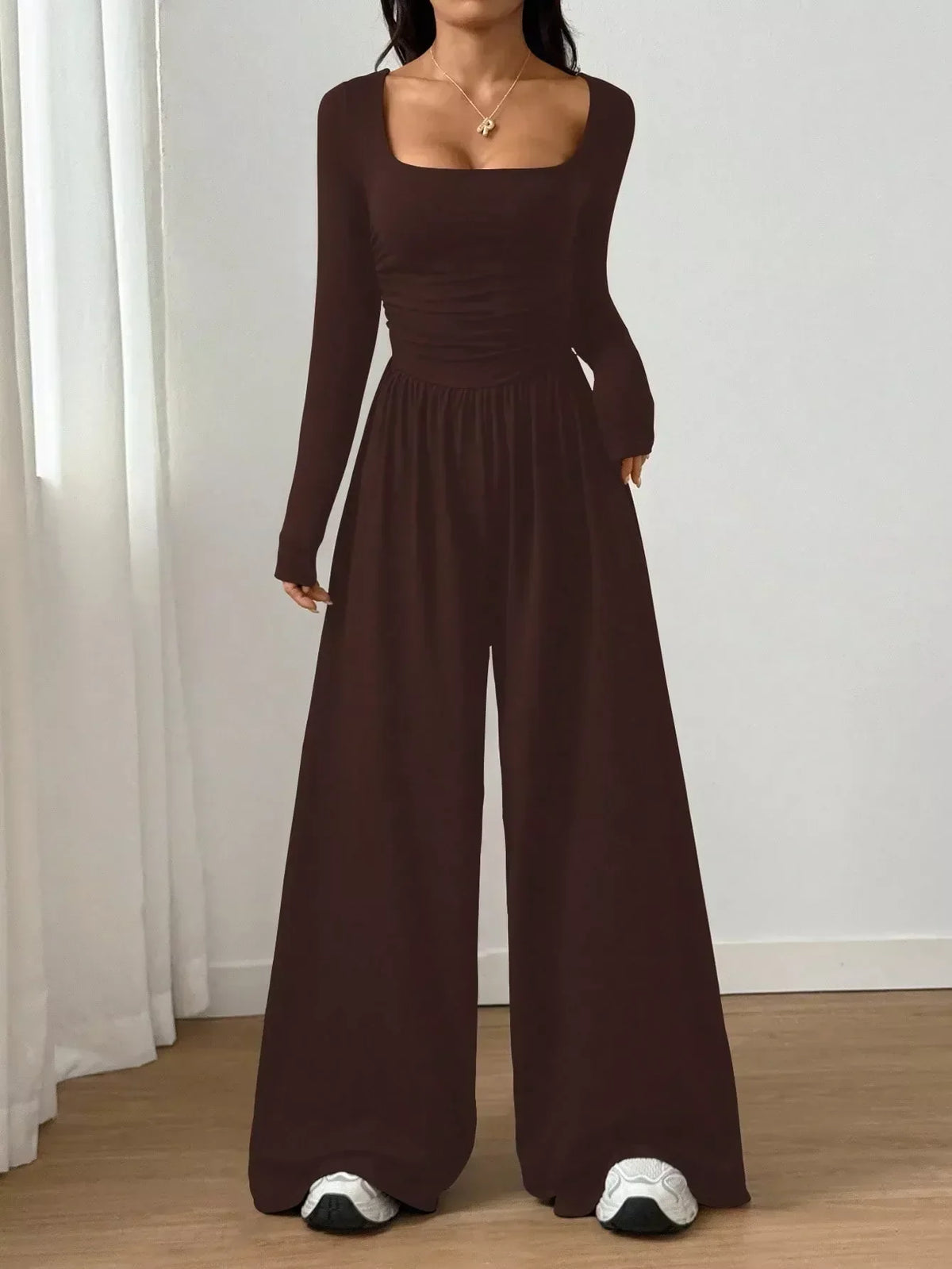 💕 One Outfit, Instant Elegance! ✨ Women's Square Neck Wide-Leg Jumpsuit – Flattering Ruched Waist, Chic Long Sleeves & Flowing Wide-Leg Design for a Sleek, Feminine Look from Casual Days to Date Nights! 👗