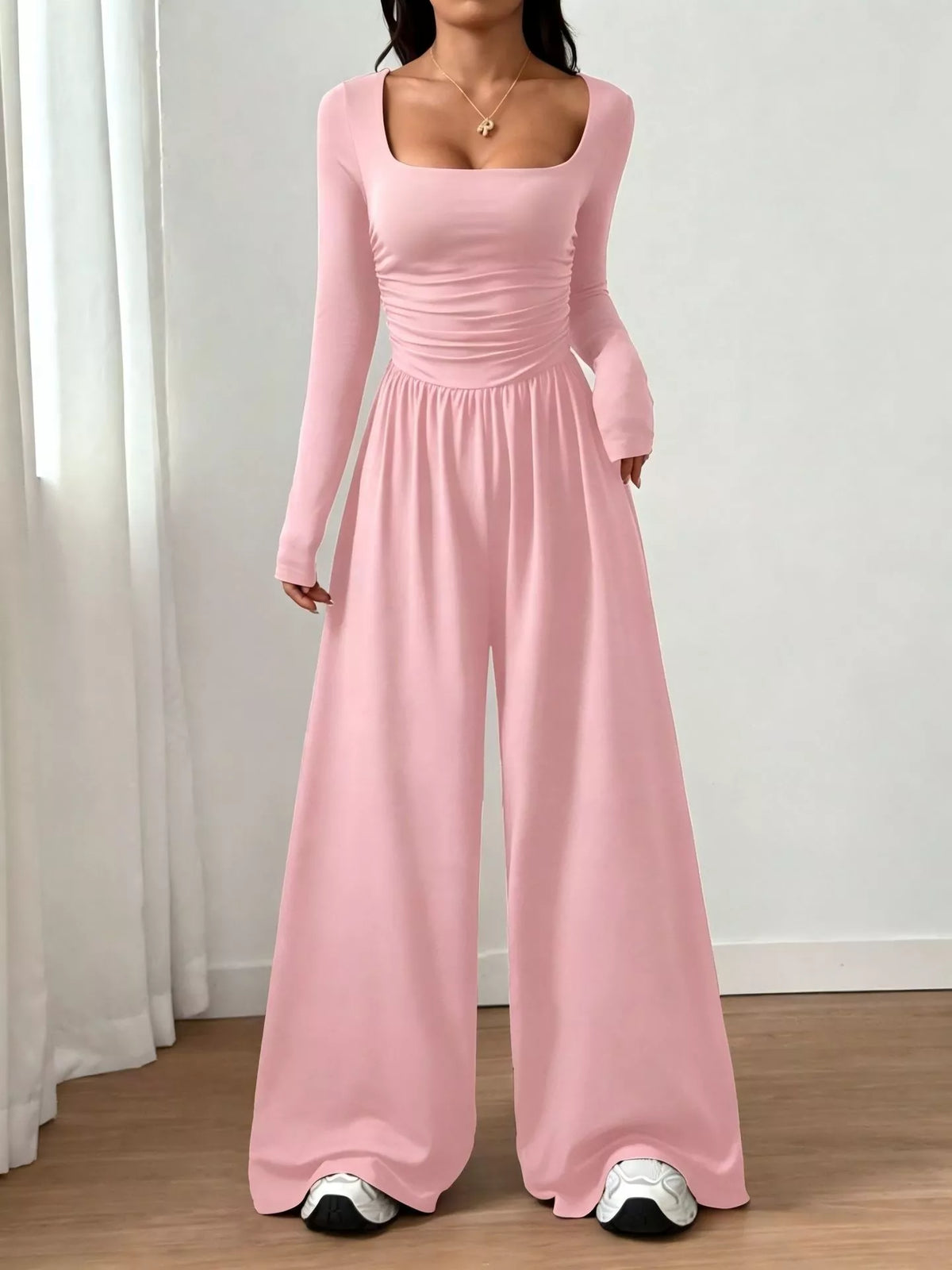 💕 One Outfit, Instant Elegance! ✨ Women's Square Neck Wide-Leg Jumpsuit – Flattering Ruched Waist, Chic Long Sleeves & Flowing Wide-Leg Design for a Sleek, Feminine Look from Casual Days to Date Nights! 👗